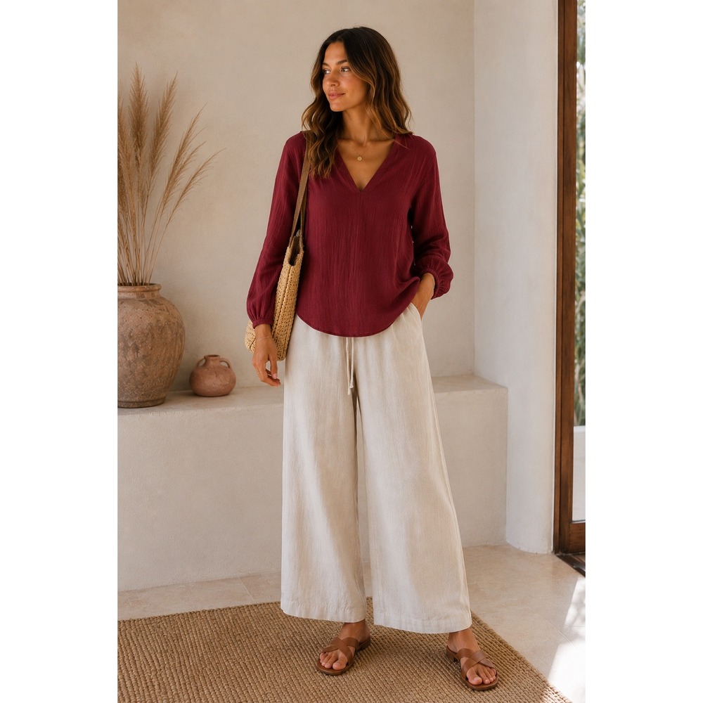Pact Women's Burgundy Gauze Tunic Top Small V Neck Minimalist Boho Lagenlook